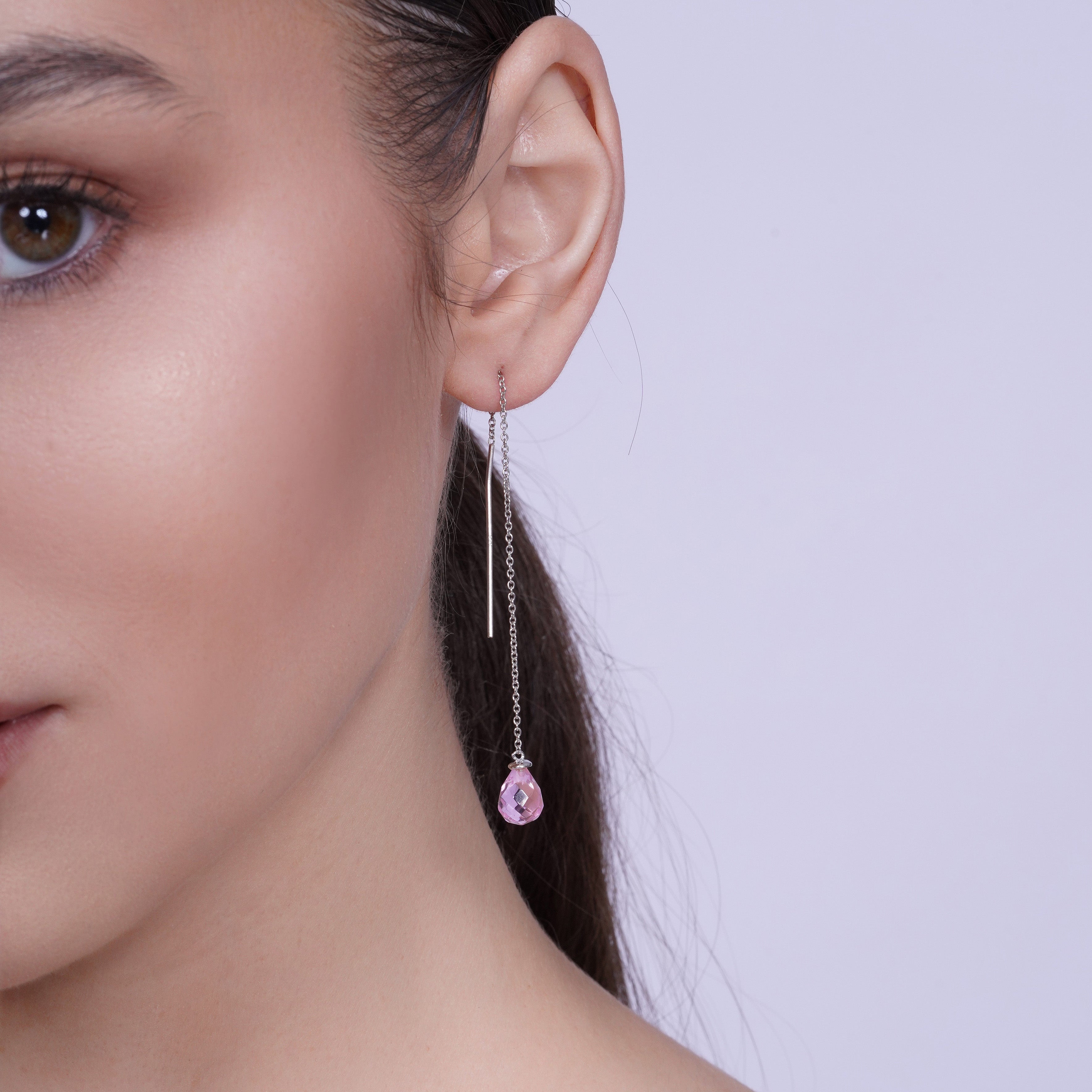 Rhodium Plated 925 Sterling Silver Threaded CZ Tear Drop Earrings- SPE00013