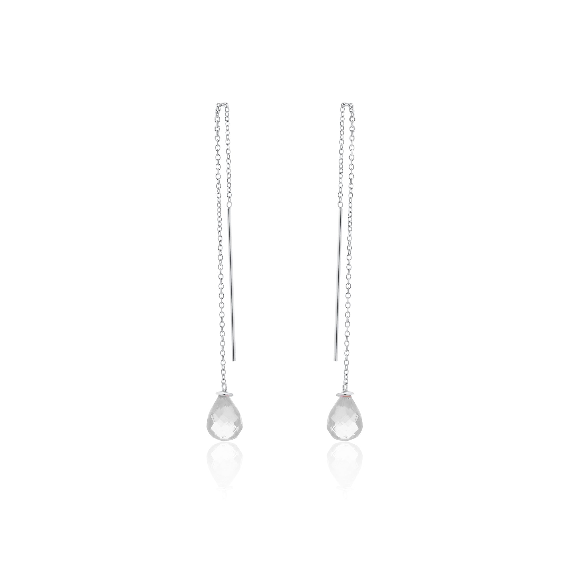 Rhodium Plated 925 Sterling Silver Threaded CZ Tear Drop Earrings- SPE00013