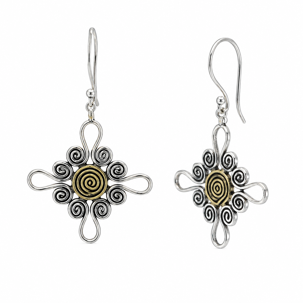 Clearance - Silver Matte Finish & Gold Plated Swirl Cross Dangle Earrings - SPE00019