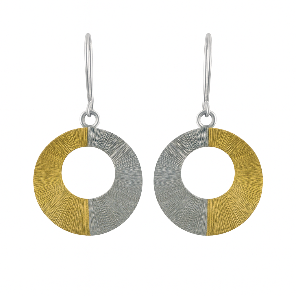 Clearance - 925 Silver Two Tone Matte Finish Stripped Open Disc Earrings - SPE00026