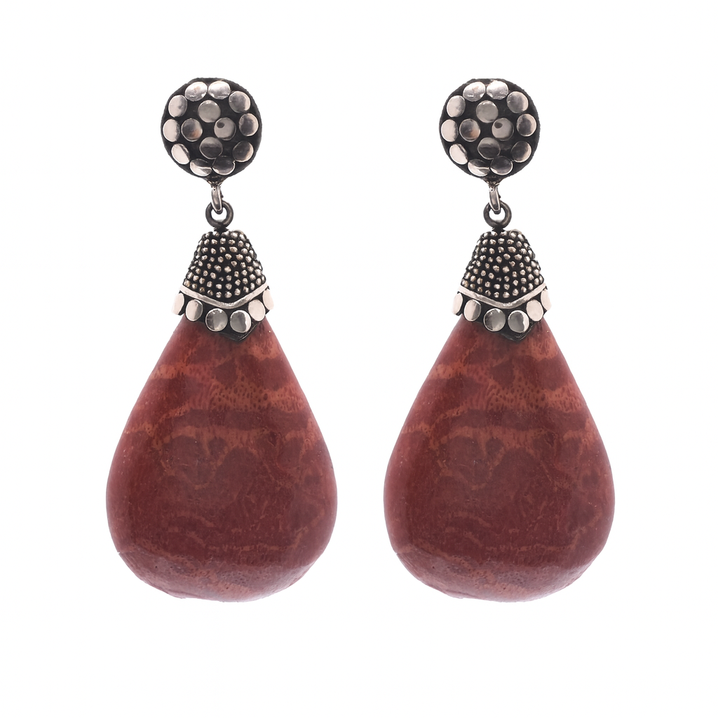 Clearance - 925 Oxidized Silver Beaded Faux Coral Tear Drop Dangle Earrings - SPE00027