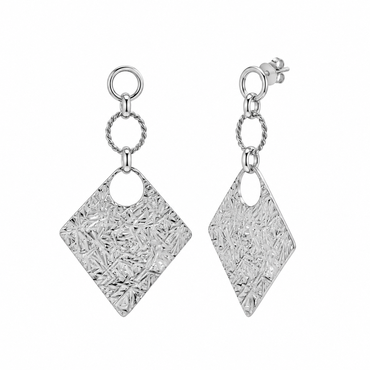 Final Price- Rhodium Plated Large Textured Diamond Shaped Dangle Earrings-SPE00043