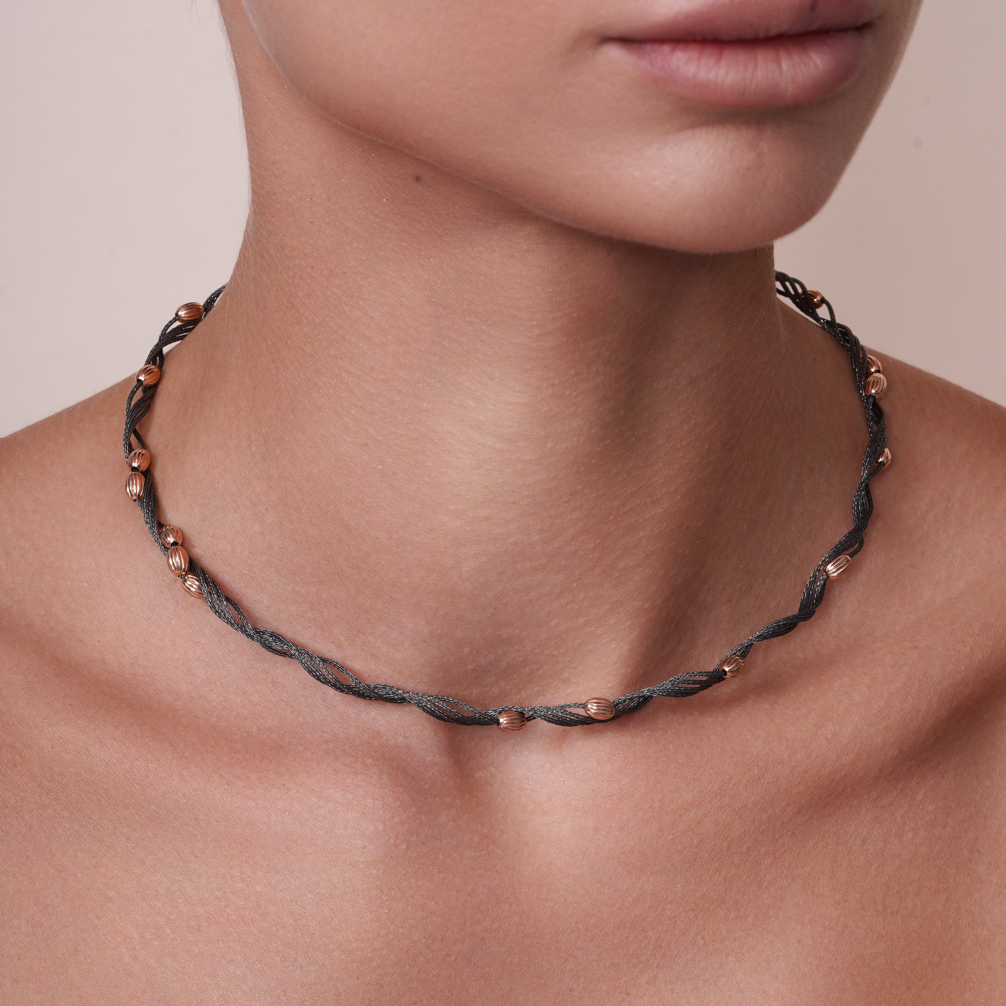 Black Rhodium Plated Sterling Silver with Rose Oval Beads Twisted Italian Necklace - SPN00038