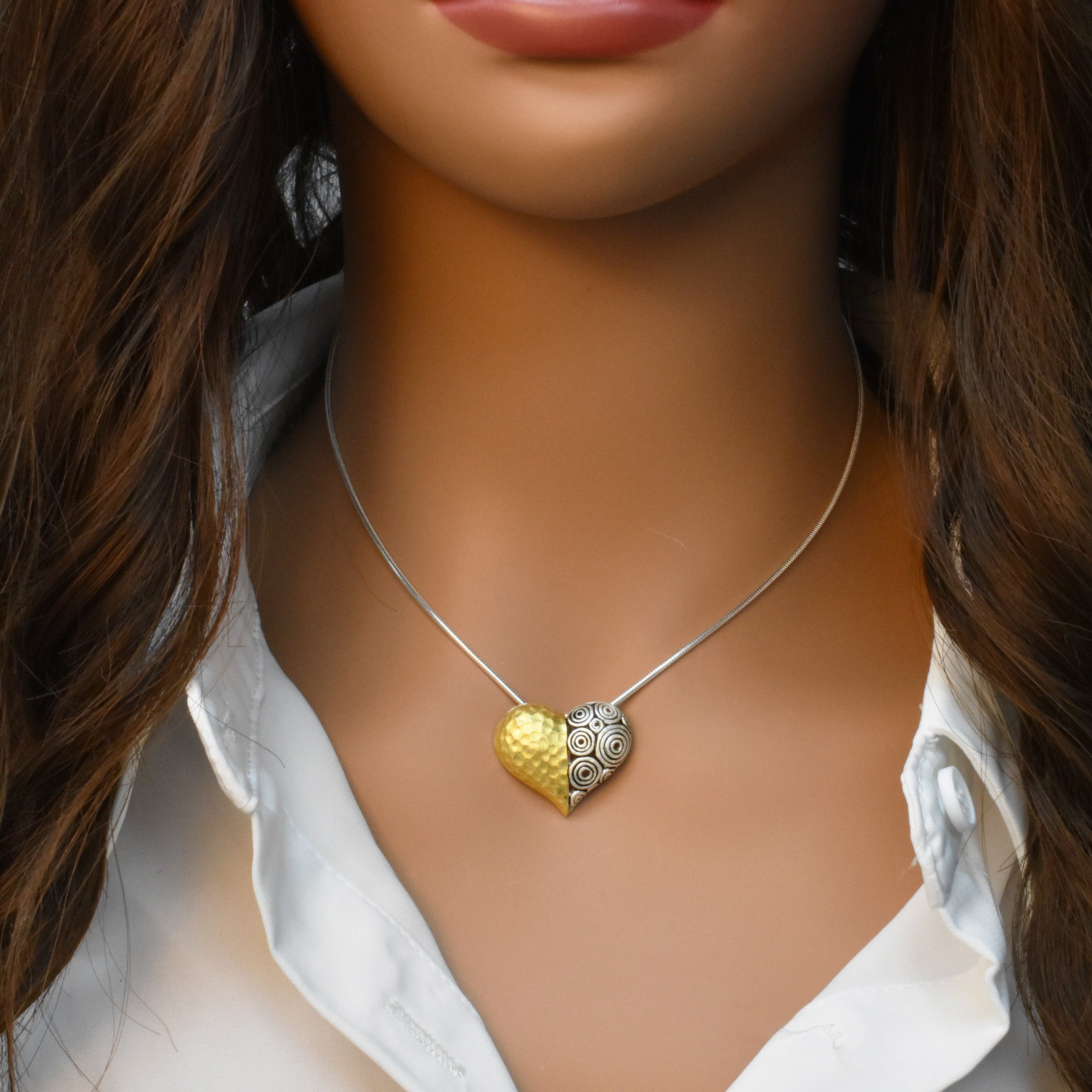 Clearance-Sterling Silver GP Matte Finish 2T Hammered Spiral Design Heart Pendant - SPP00006GP