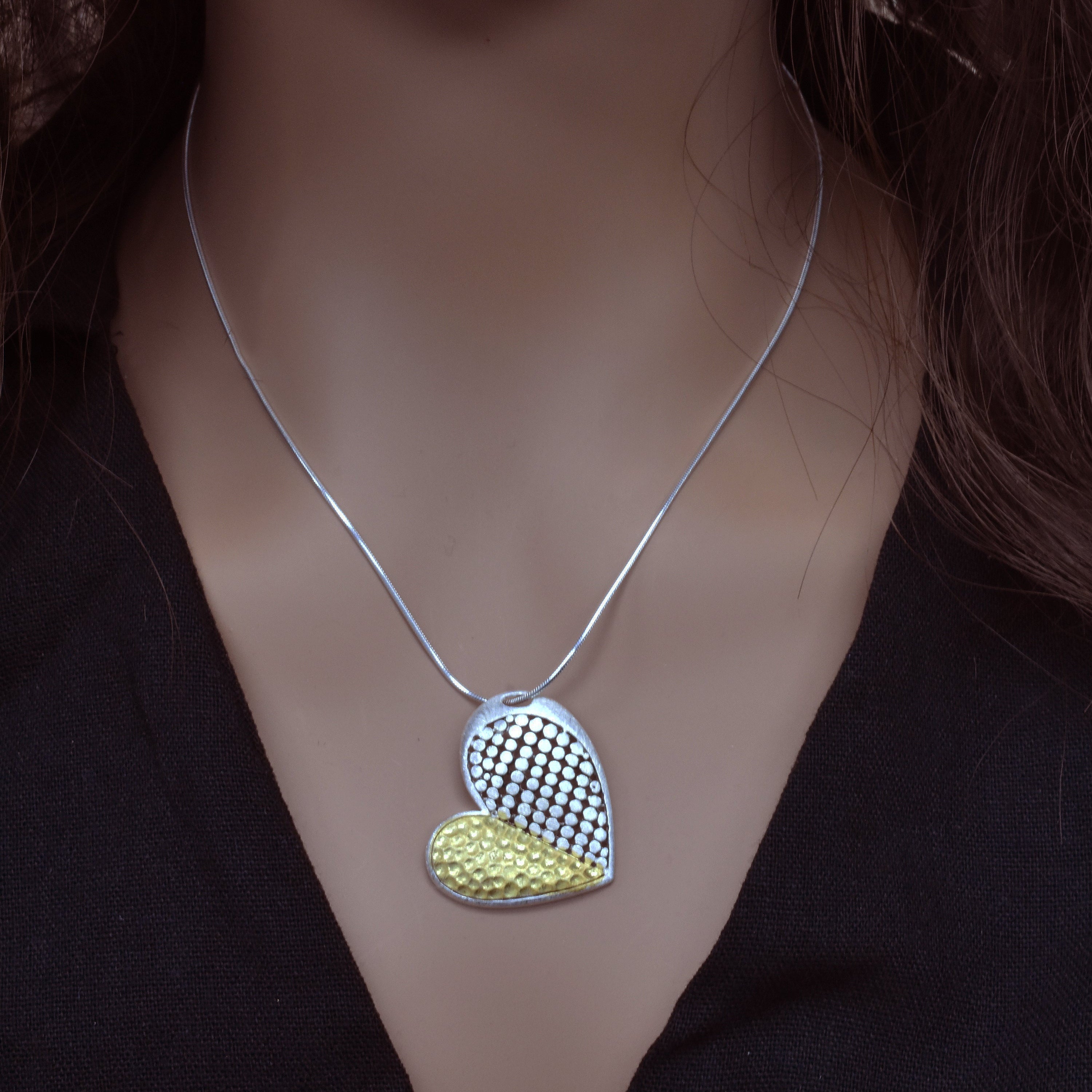 Clearance-Two-Tone 925 Sterling Silver Matte Finish Geometric Pattern Design Heart Pendant- SPP00007