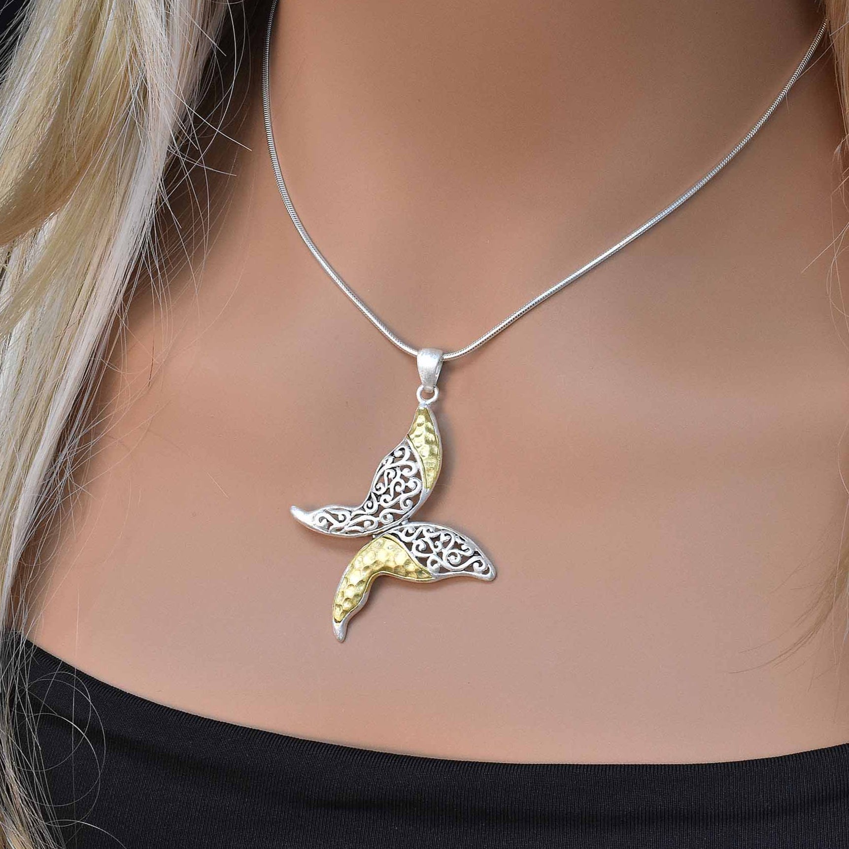 Clearance-Two-Tone 925 Sterling Silver Matte Finish Filigree Butterfly Pendant - SPP00012