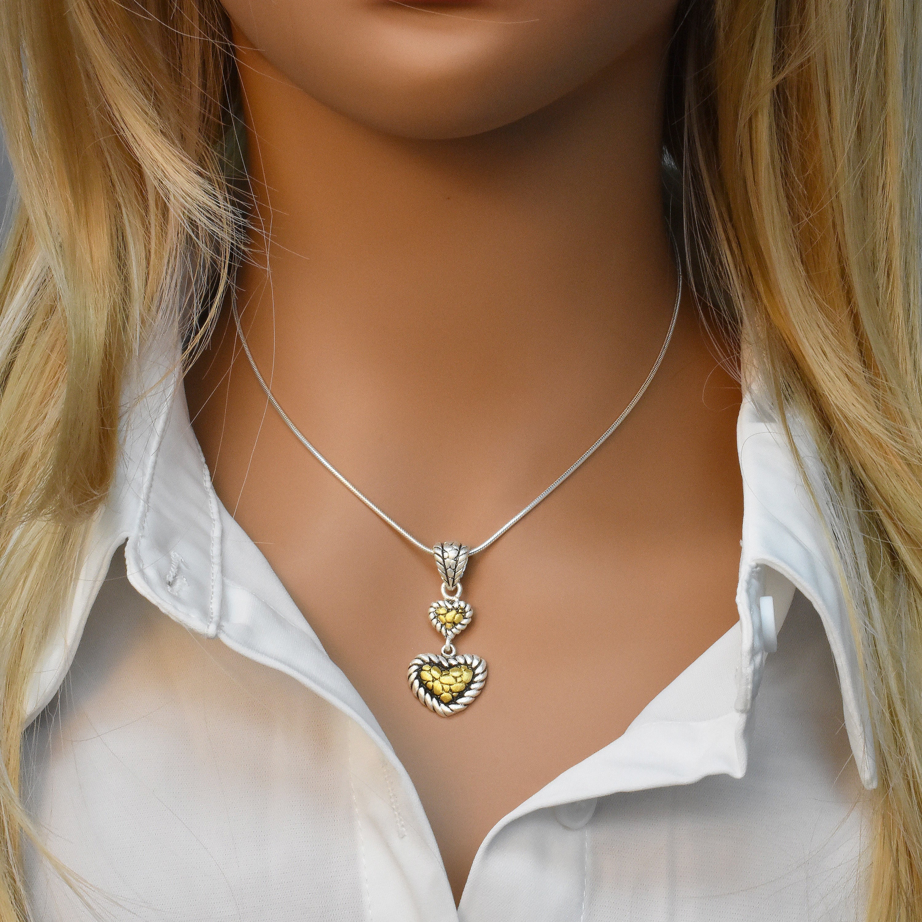 Clearance-Sterling Silver Matte Finish 2 Toned Dangling 2 Hearts Pendant - SPP00025