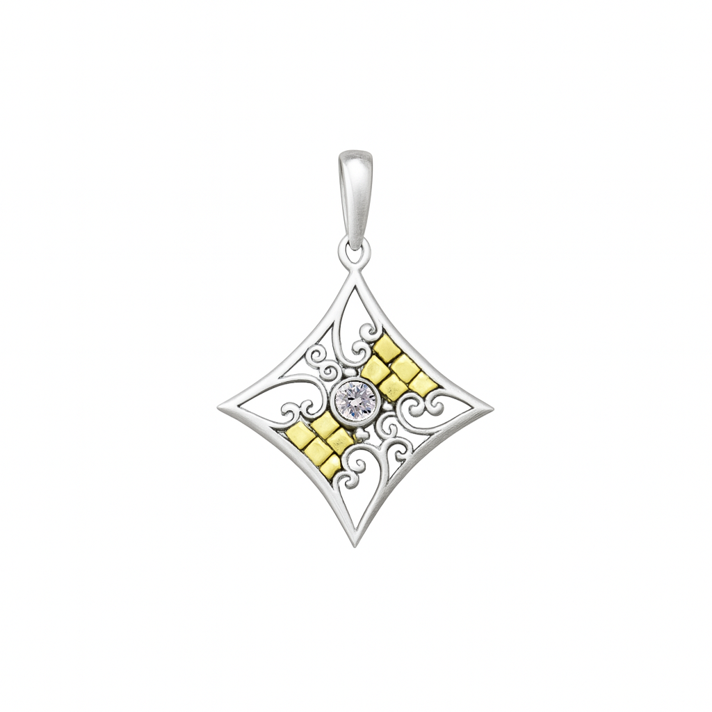 Clearance-Sterling Silver Matte Finish 2 Toned Diamond Shaped W/CZ Center Pendant - SPP00026