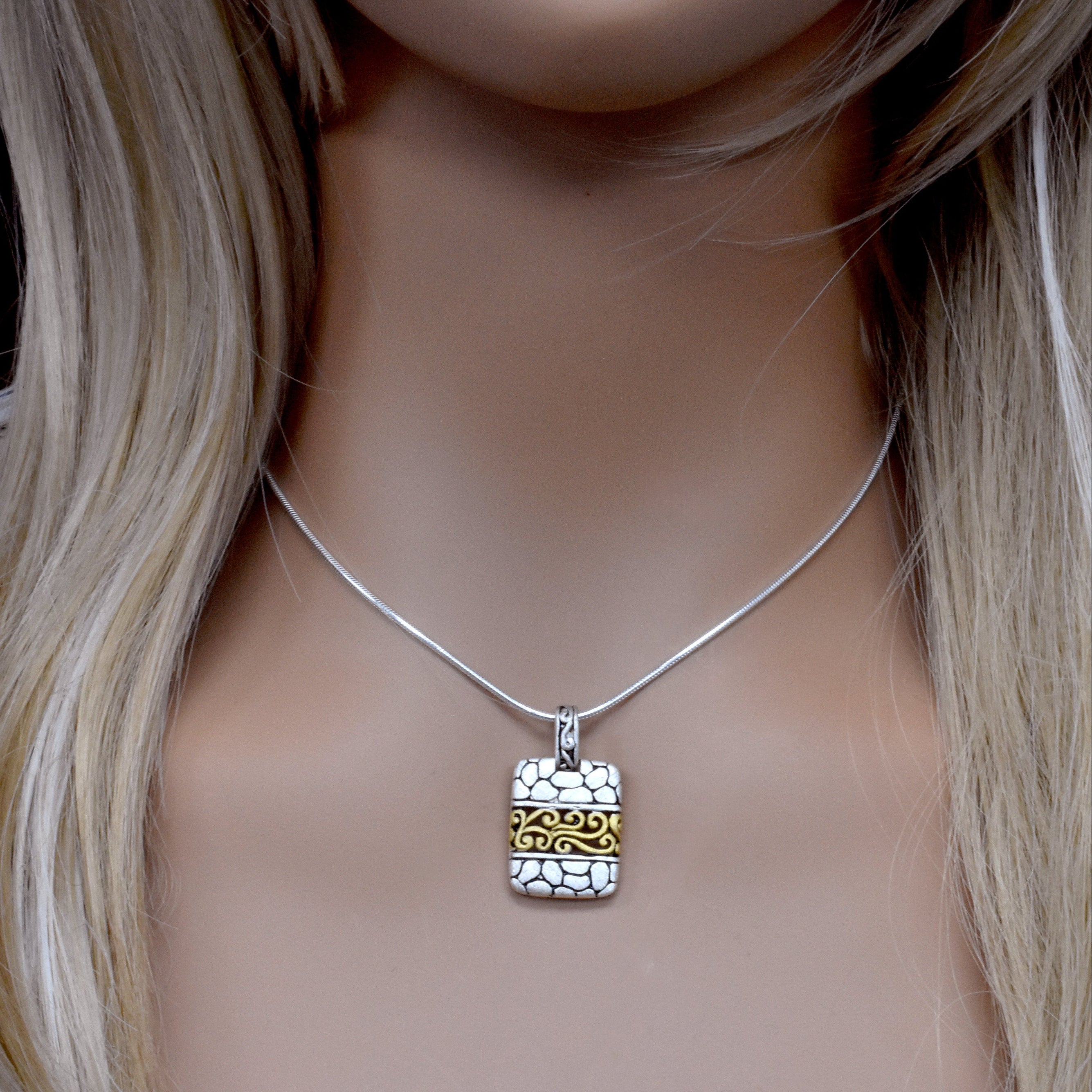 Clearance-Sterling Silver Matte Finish 2 Tone Rock & Filigree Bar Pendant -SPP00032