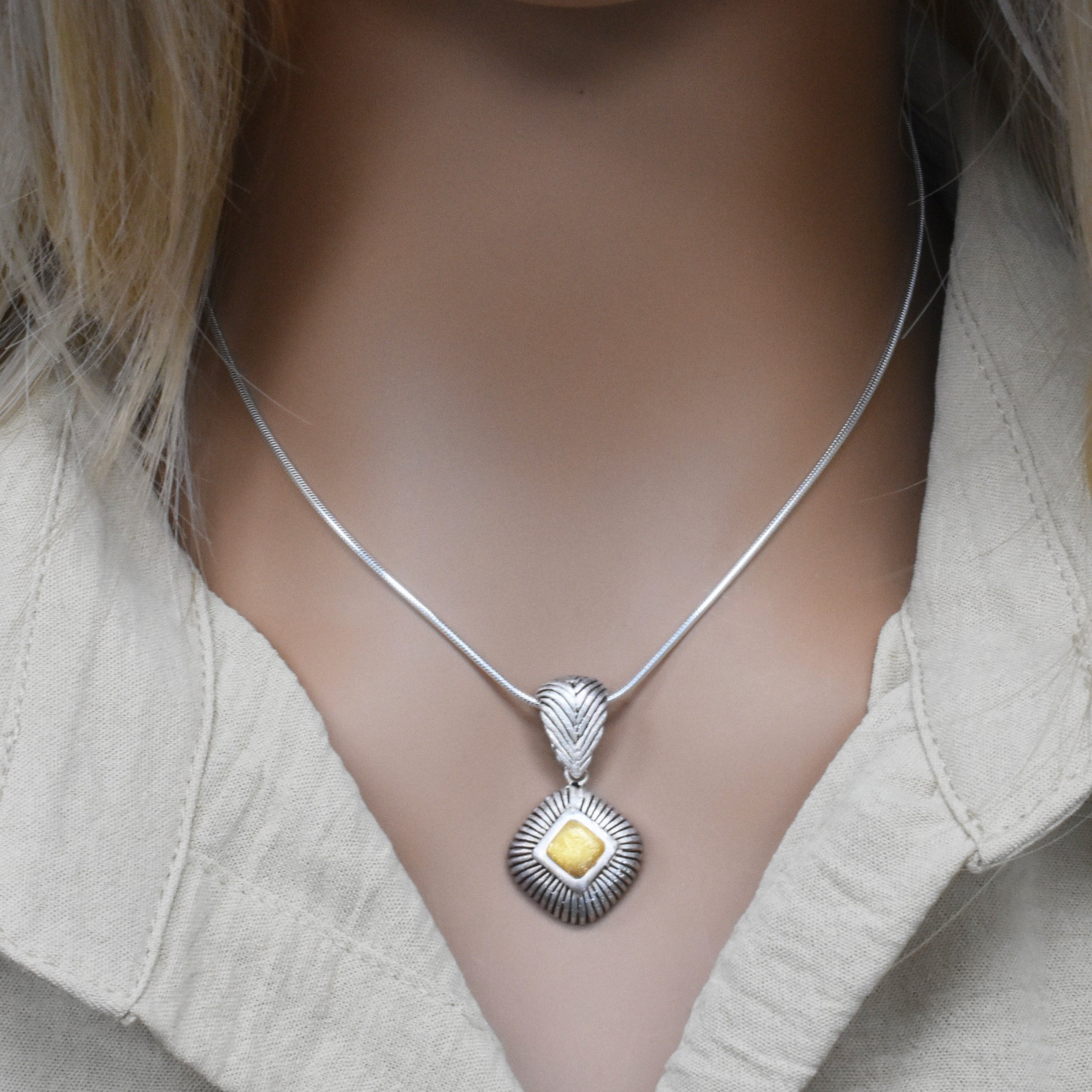 Clearance-Sterling Silver Matte Finish 2 Tone Stripped Diamond Shape Pendant -SPP00033