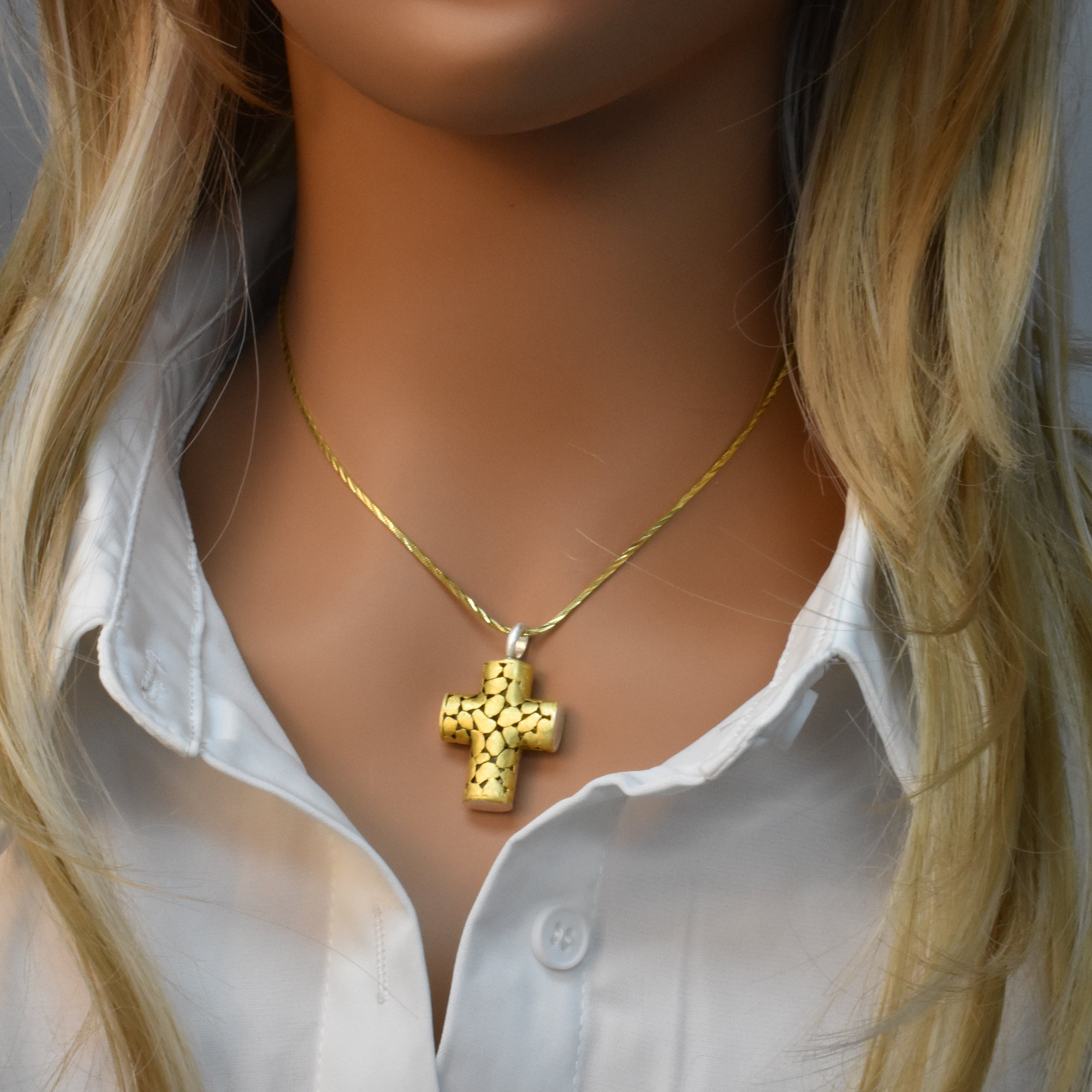 Clearance-Sterling Silver Matte Finish 2 Tone Double Sided Rock Cross -SPP00034