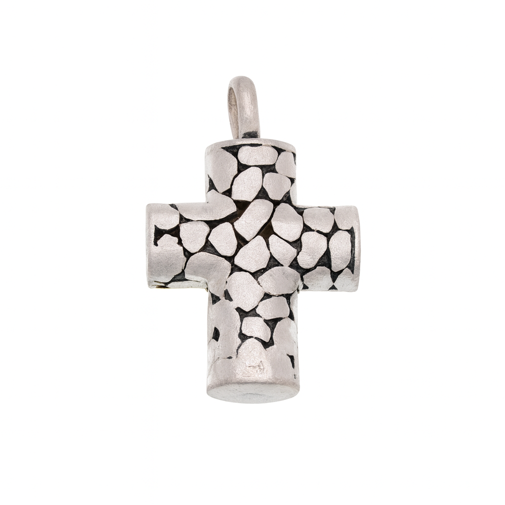Clearance-Sterling Silver Matte Finish 2 Tone Double Sided Rock Cross -SPP00034