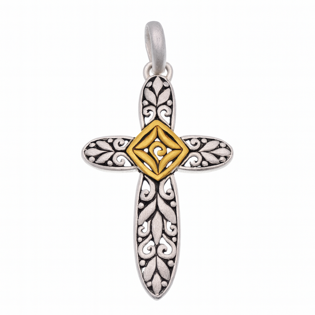 Clearance-Sterling Silver Matte Finish 2 Tone Filigree Cross -SPP00037