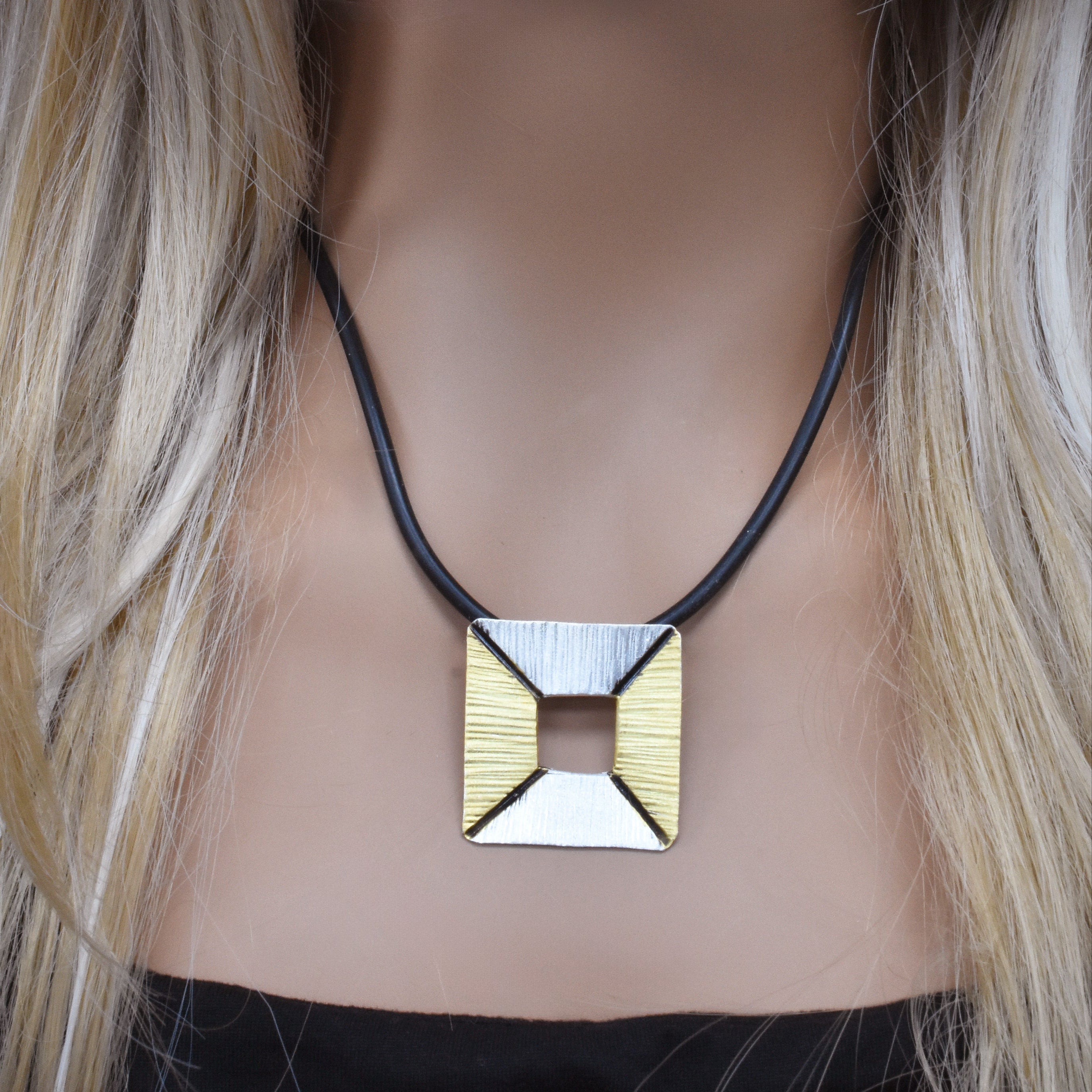 Clearance-Sterling Silver Three Tone Open Square Pendant - SPP00057