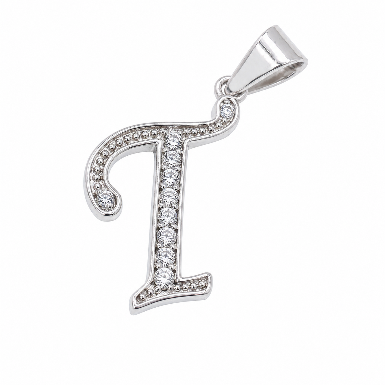 Rhodium Plated 925 Sterling Silver Cursive CZ Initial Charm Pendant-SPP00101