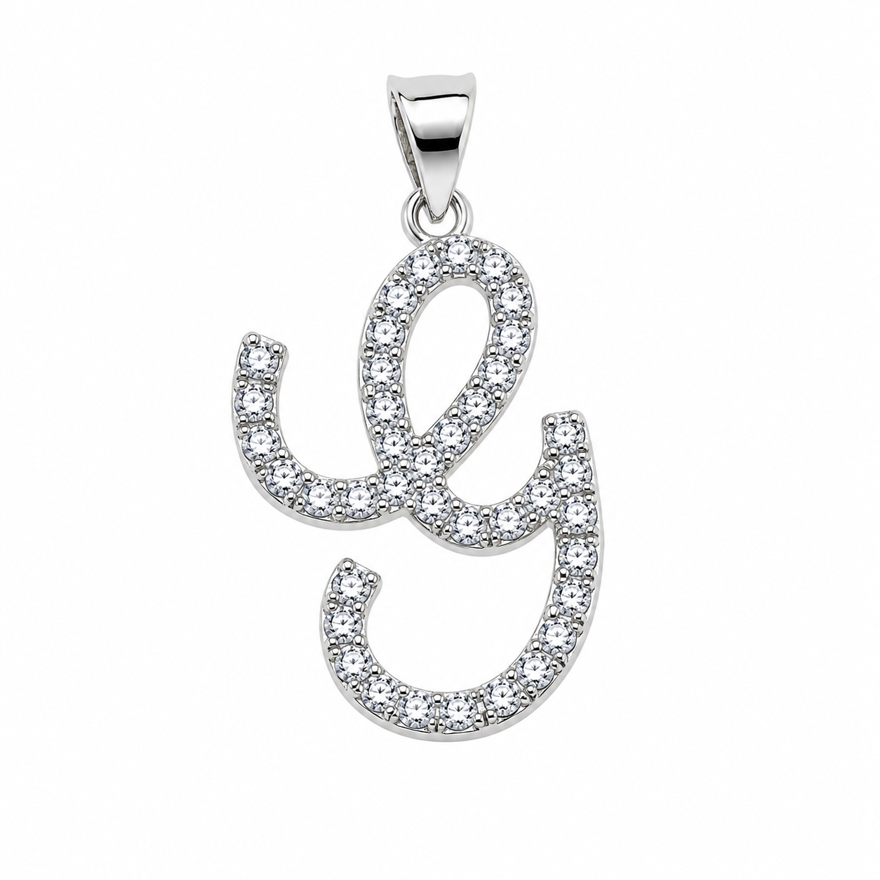 Rhodium Plated 925 Sterling Silver Cursive CZ Initial Charm Pendant -SPP00104