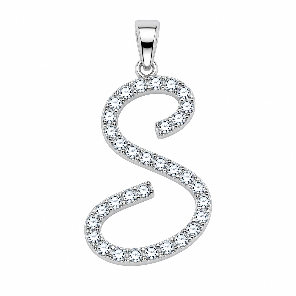 Rhodium Plated 925 Sterling Silver Cursive CZ Initial Charm Pendant -SPP00104