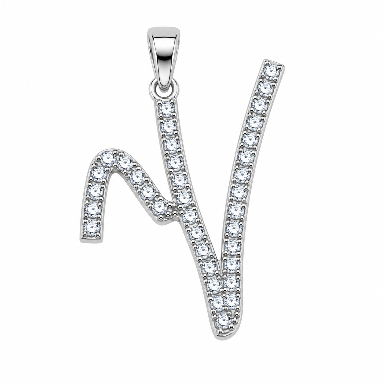 Rhodium Plated 925 Sterling Silver Cursive CZ Initial Charm Pendant -SPP00104