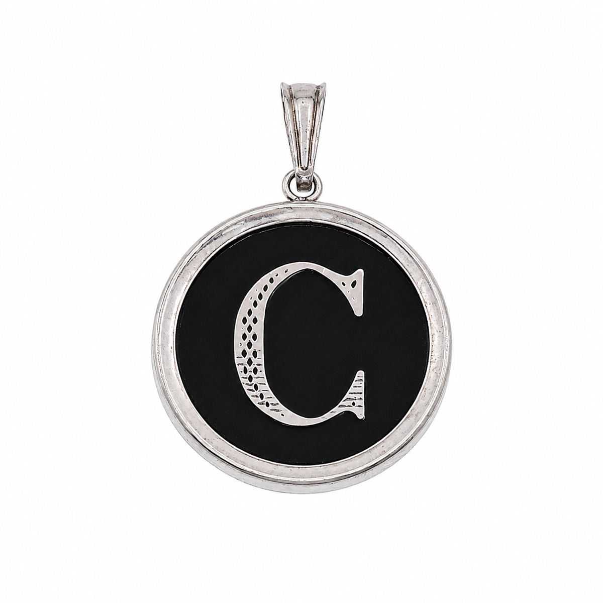 925 Sterling Silver Large Black Onyx Round Initial Charm Pendant -SPP00108