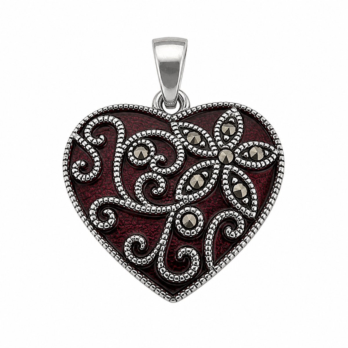 925 Sterling Silver Colored Enamel Marcasite & CZ Floral Heart Pendant-SPP00110