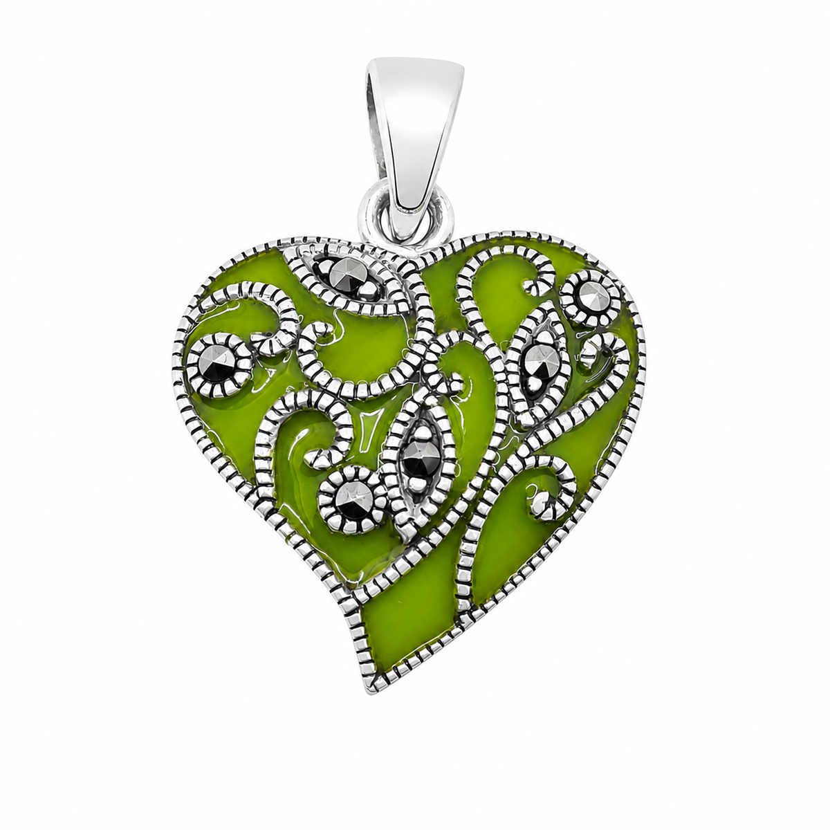 925 Sterling Silver Colored Enamel & Marcasite Floral Heart Pendant-SPP00112