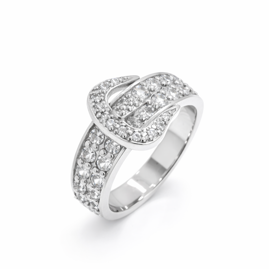 Clearance-Rhodium Plated 925 Sterling Silver Clear CZ Belt Ring - SPR00012