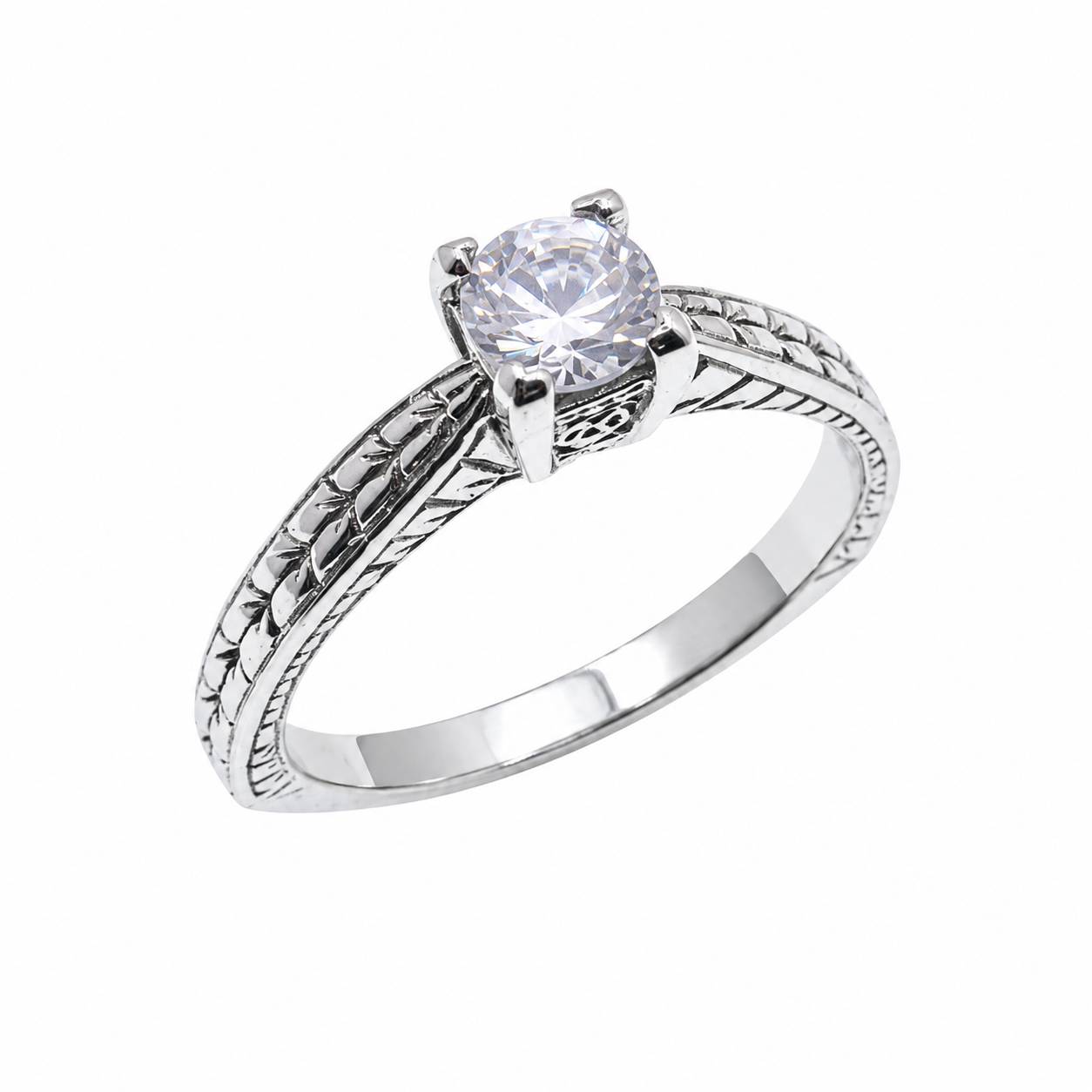 Final Price-Rhodium Plated 925 Sterling Silver Vintage Solitair CZ Bridal Engagement Ring - SPR00025