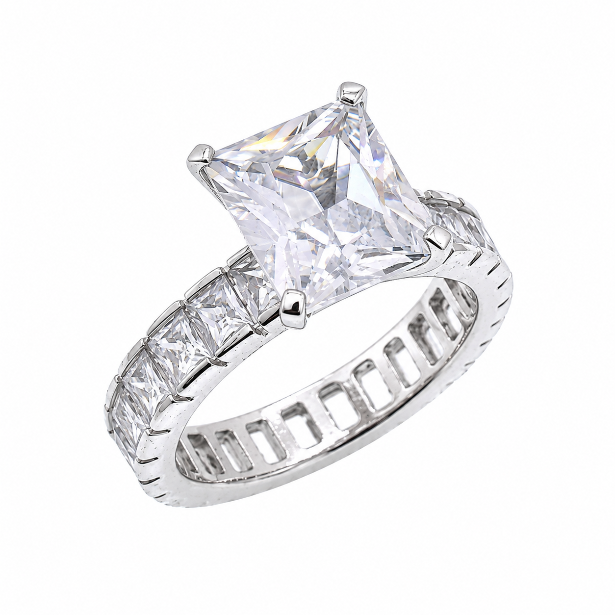 Final Price-Rhodium Plated 925 Sterling Silver Large Princess Cut CZ with Accent Stones Bridal Engagement- SPR00026