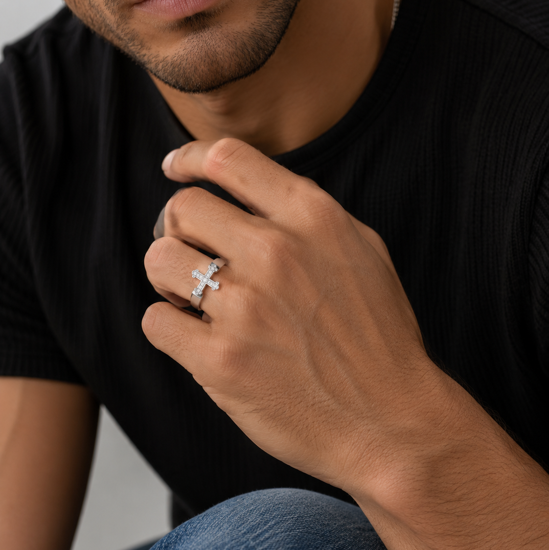 Final Price-Rhodium Plated 925 Sterling Silver Unisex CZ Cross Ring- SPR00027