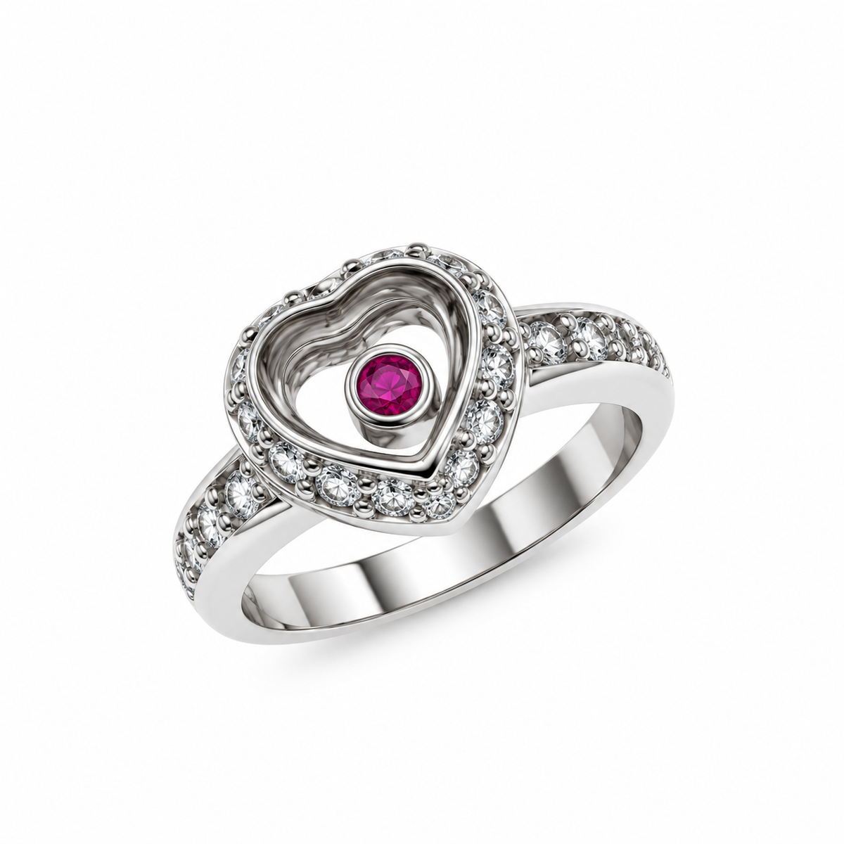 Final Price- Rhodium Plated 925 Sterling Silver Floating Red CZ Heart Ring- SPR00030