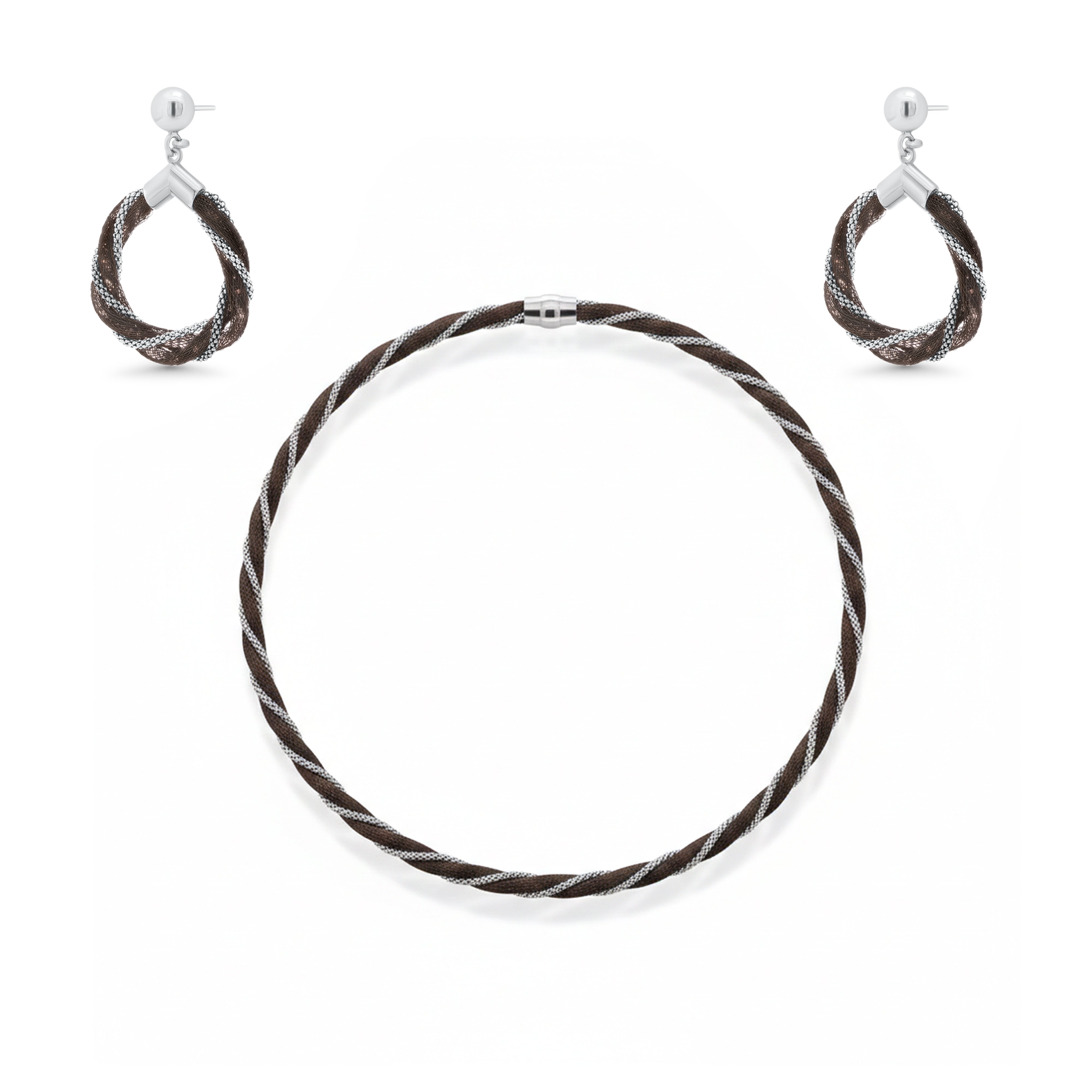 Multi Plated 925 Sterling Silver Mesh & Popcorn Twisted Earring and Necklace Set - SPS00101