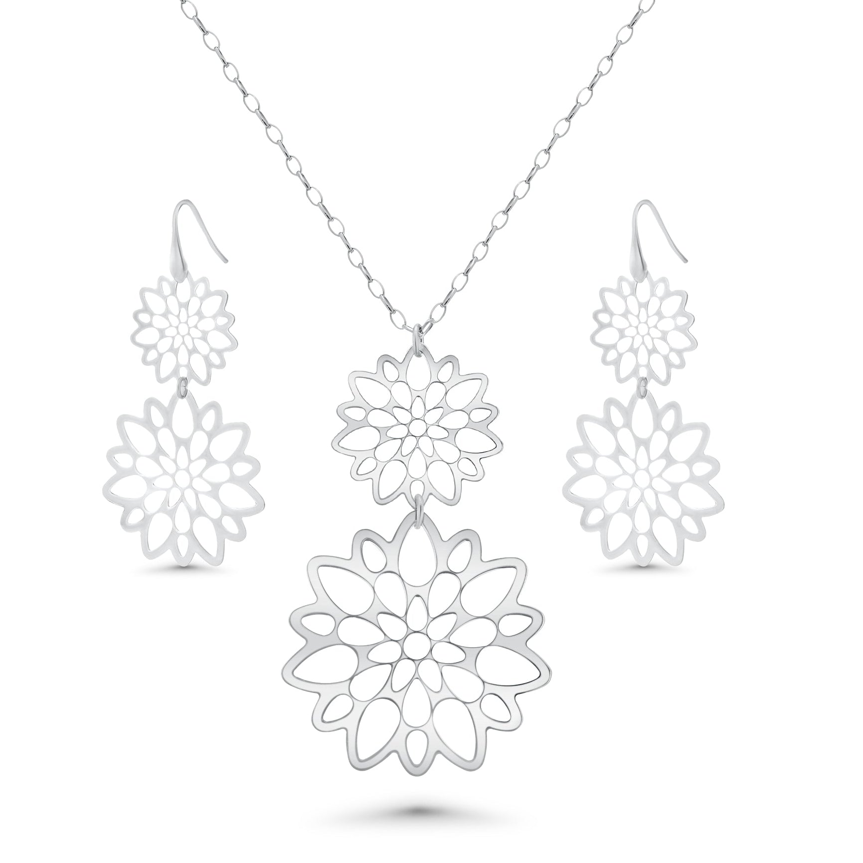 Rhodium Plated 925 Sterling Silver Double Cut Out Flower Earring and Necklace Set - SPS00100