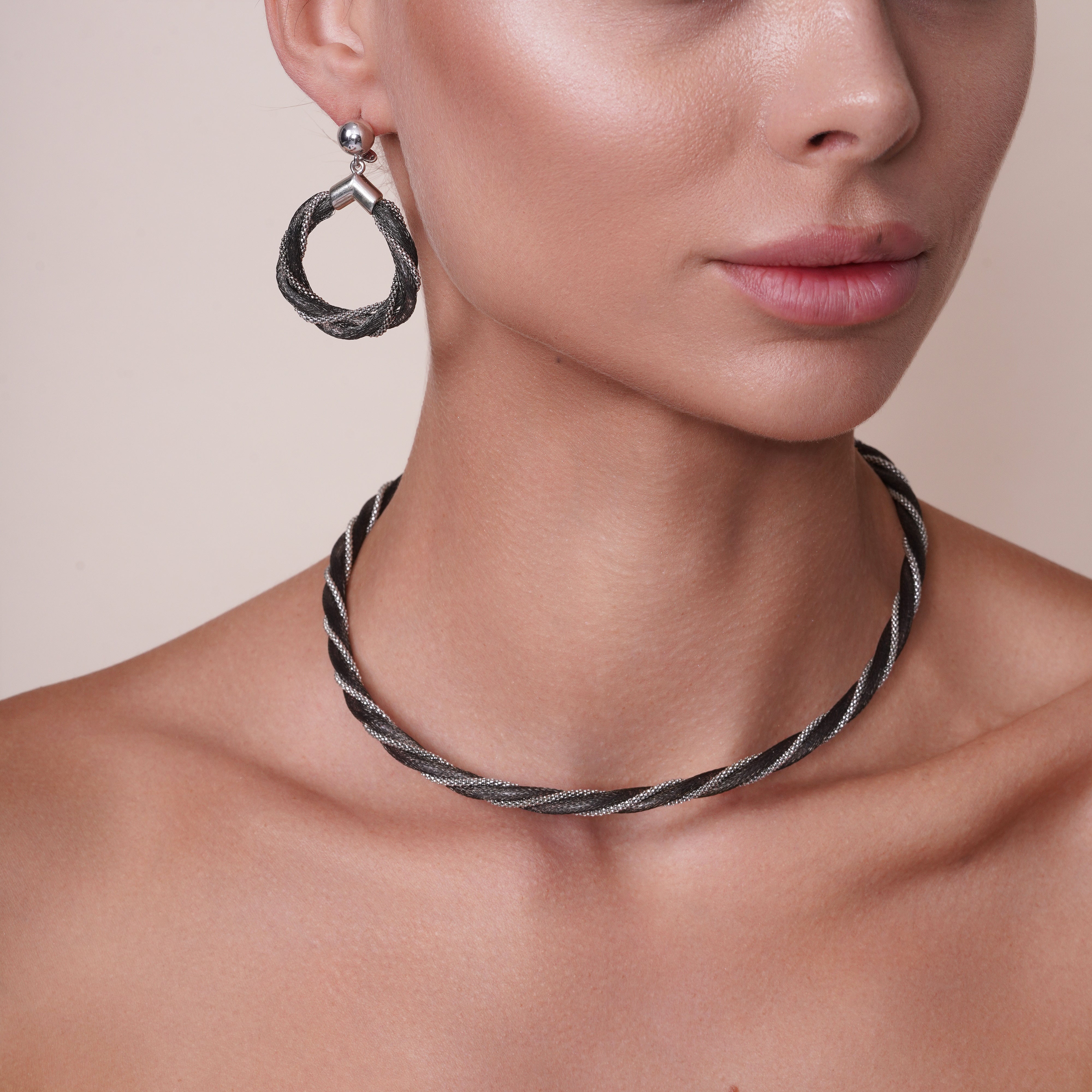 Multi Plated 925 Sterling Silver Mesh & Popcorn Twisted Earring and Necklace Set - SPS00101