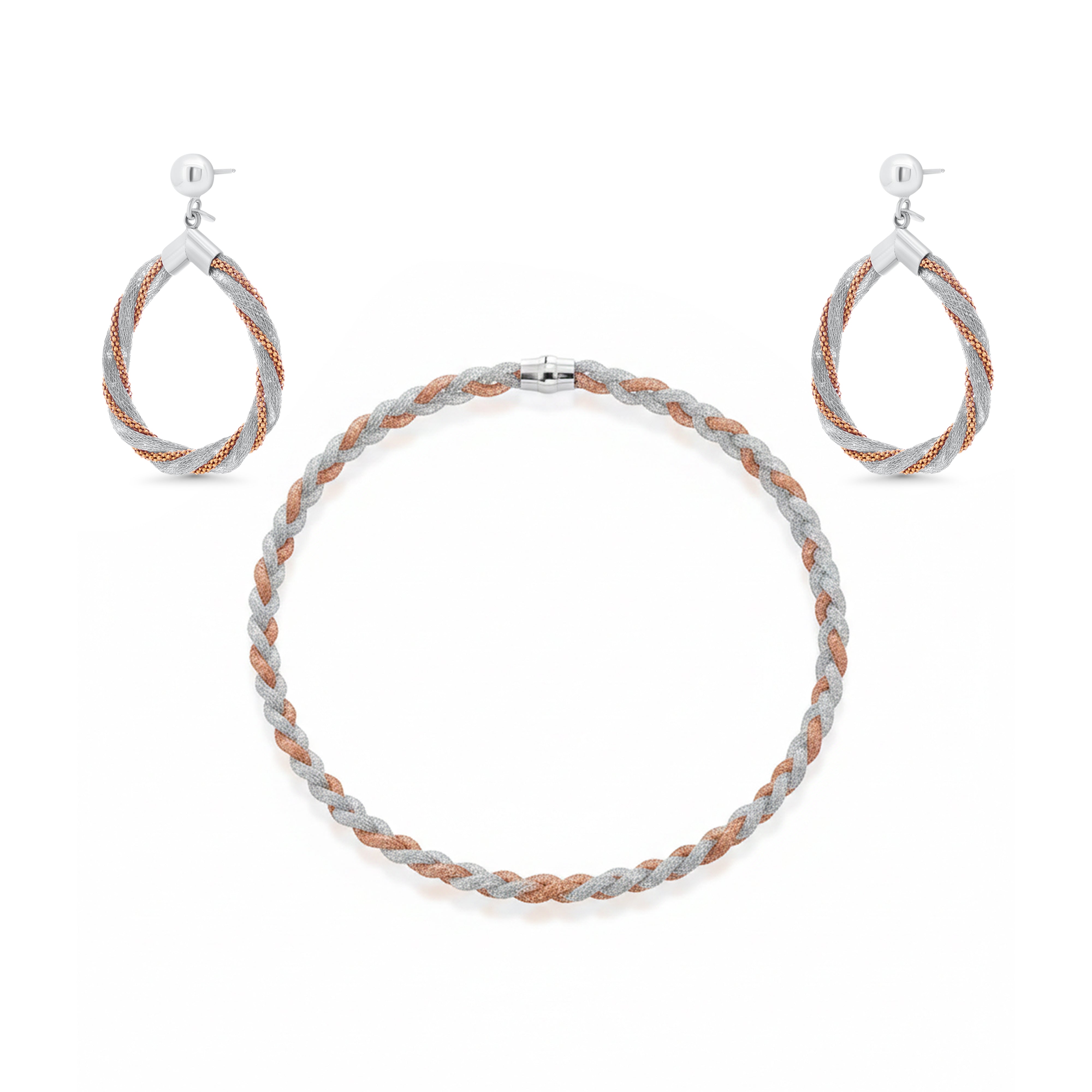 Rhodium & Rose Gold Plated 925 Sterling Silver Braided Mesh Earring and Necklace Set- SPS00102