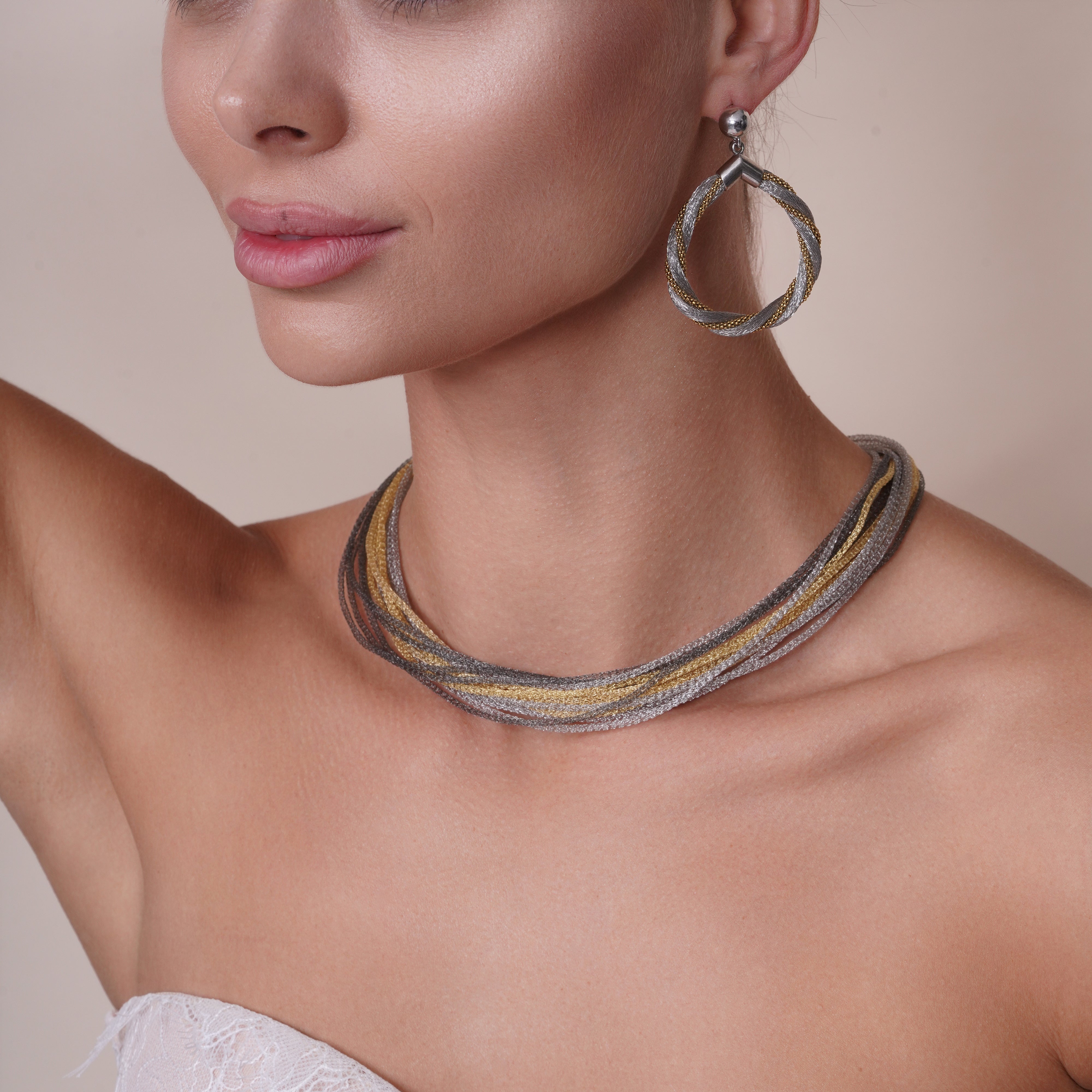 Gold, Black & Rhodium Plated 925 Sterling Silver Multi Strand Mesh Earring and Necklace Set - SPS00103