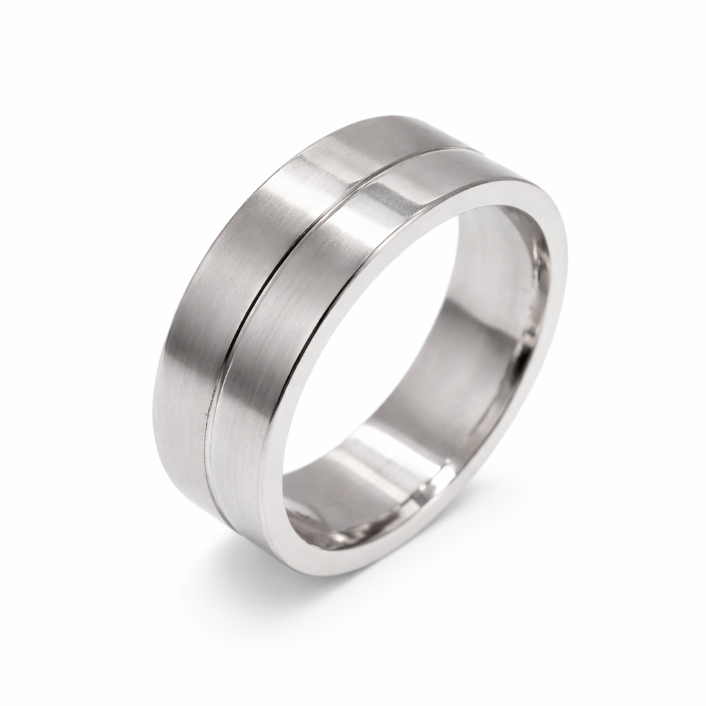 Rhodium Plated Stainless Steel Half Brushed & High Polished Men's Ring- SRB0027