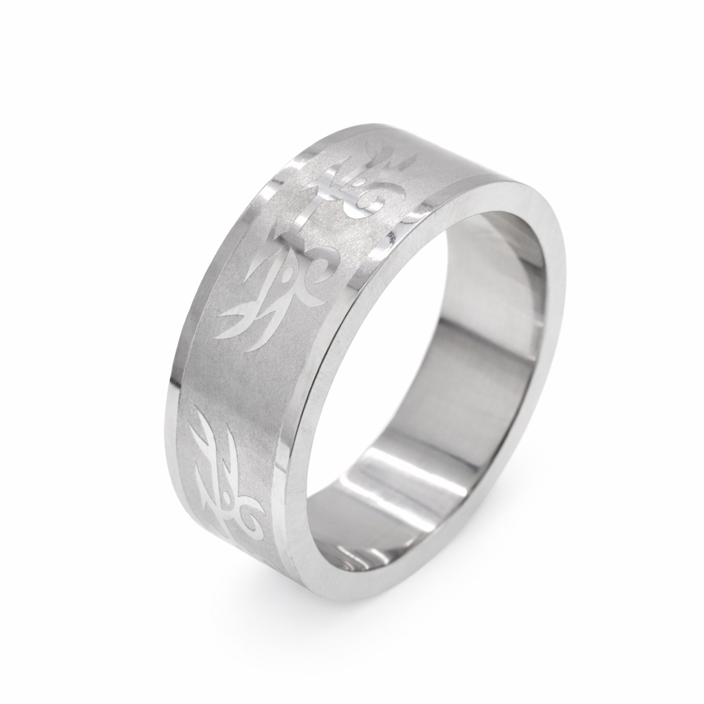 Rhodium Plated Stainless Steel Brushed Tribal Men's Ring- SRB033