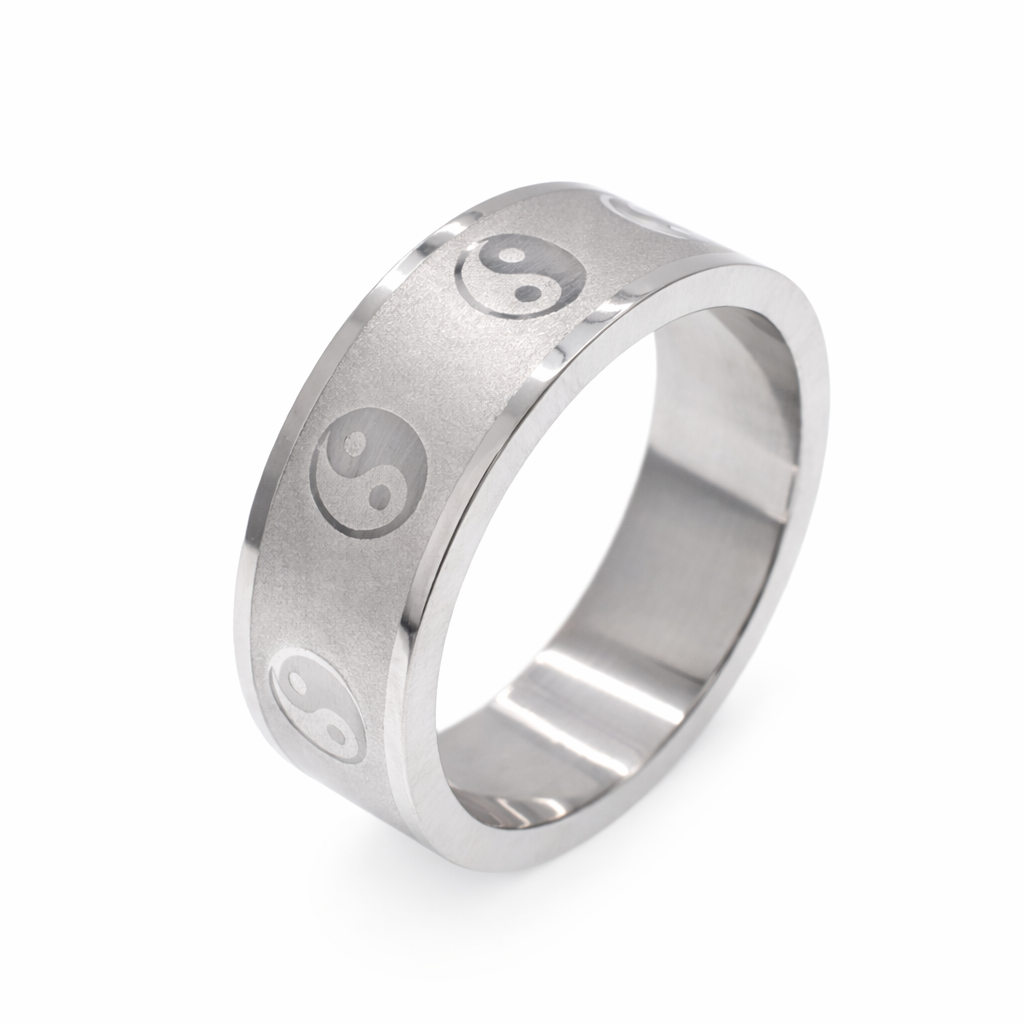 Rhodium Plated Stainless Steel Brushed Ying Yang Men's Ring- SRB035