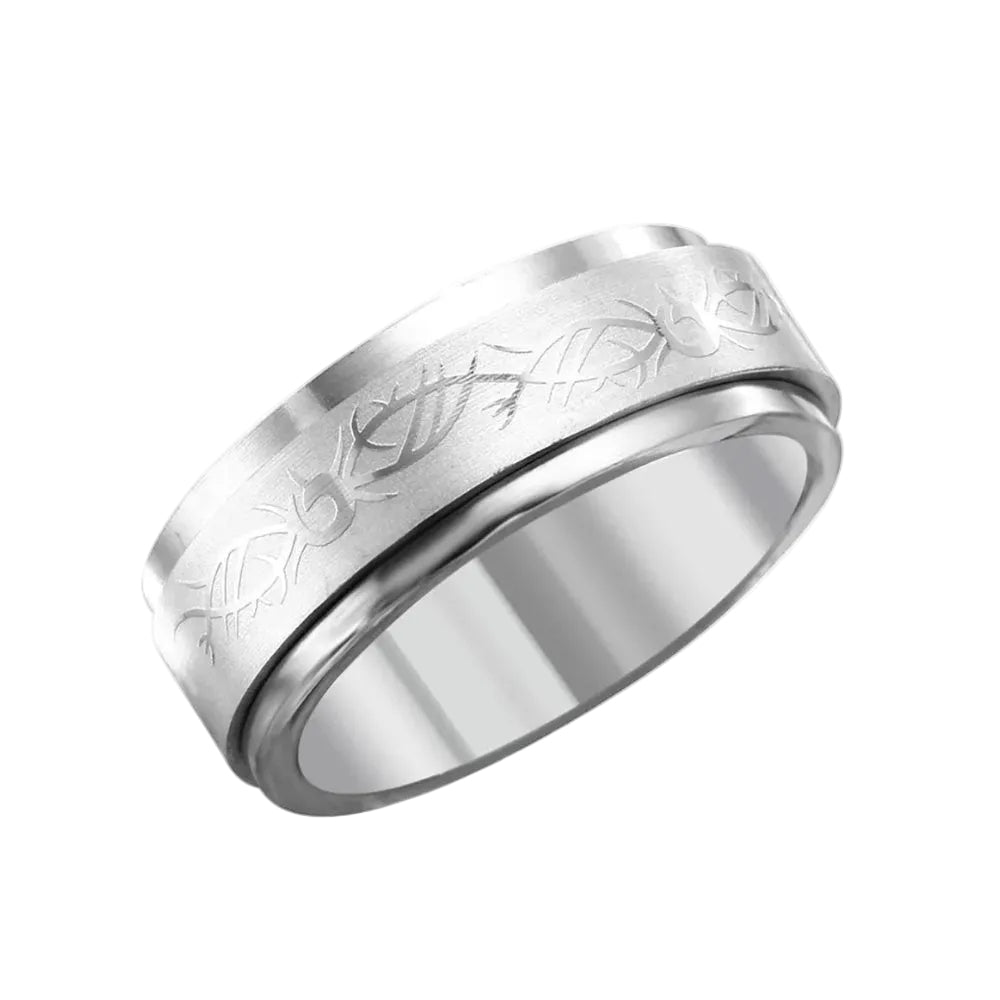 Rhodium Plated Stainless Steel Tribal Barbwire Design Men's Spinner Ring- SRB0012