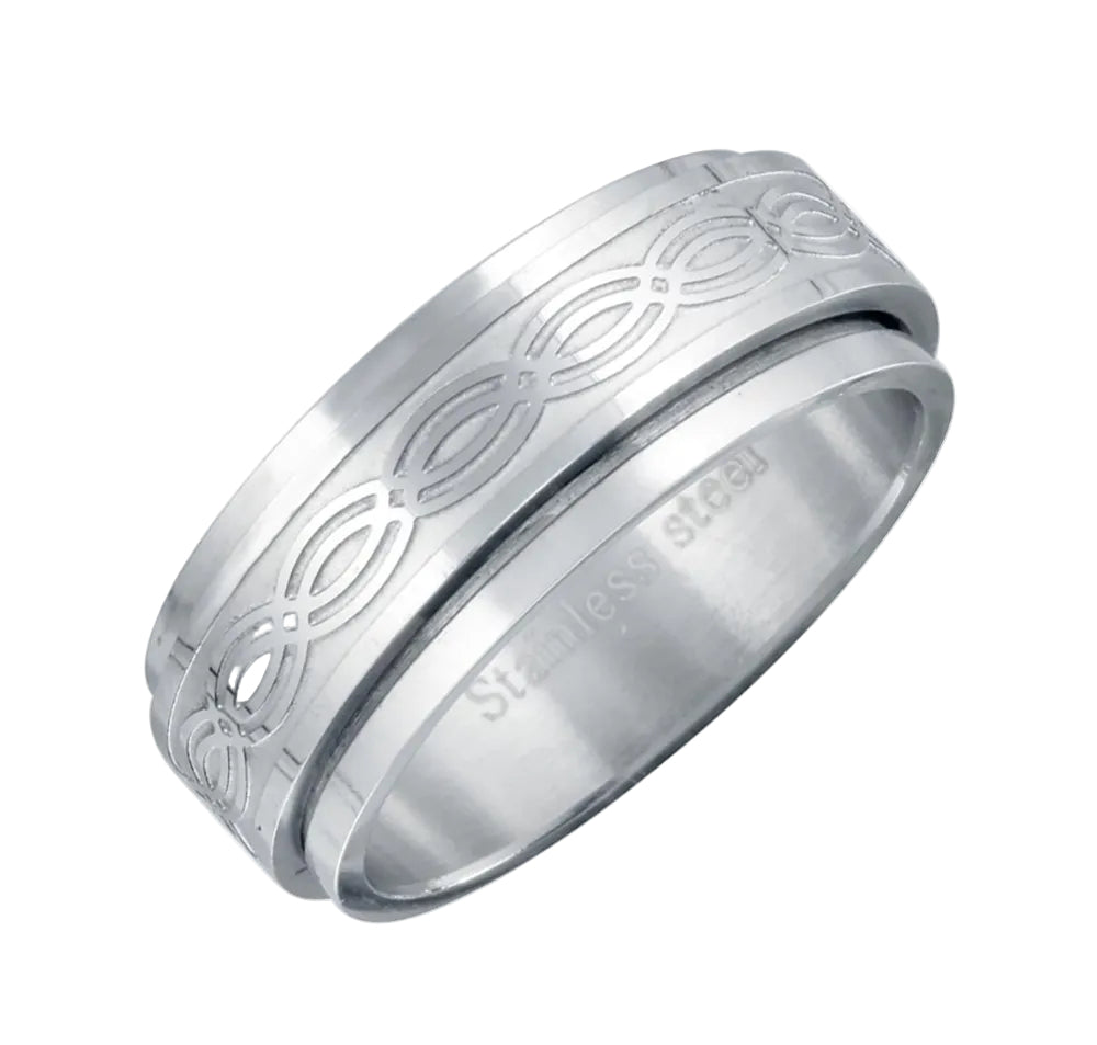 Rhodium Plated Stainless Steel Tribal Interlocking Oval Design Men's Spinner Ring- SRB0013