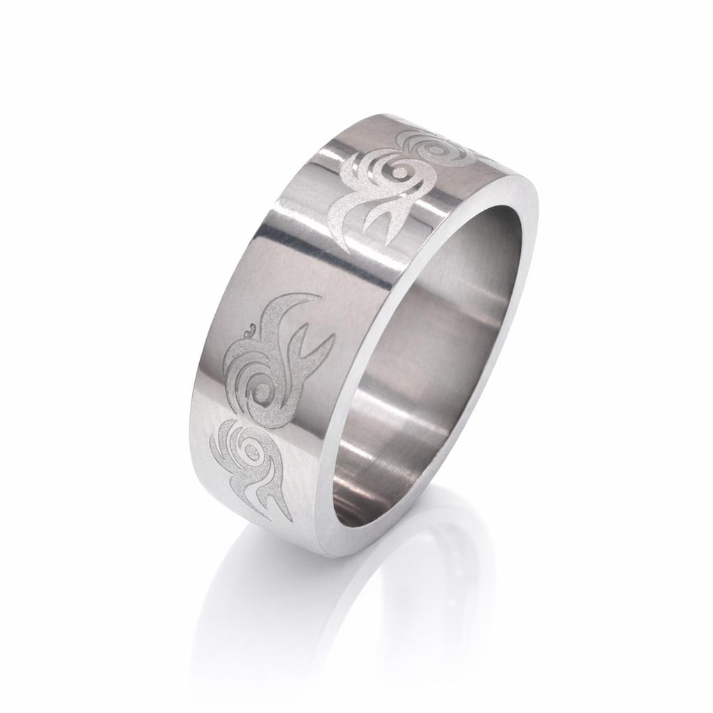 Rhodium Plated Stainless Steel Flat Tribal Swirl Design Ring- SRB054