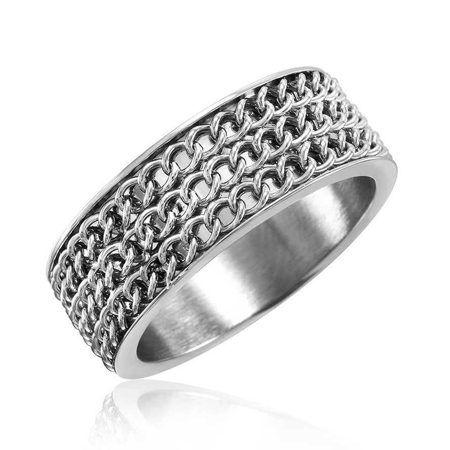 Rhodium Plated Stainless Steel Multi Chain Link Ring- SRB070