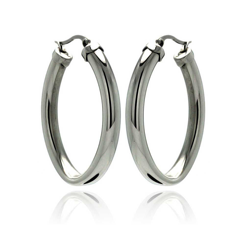 Rhodium Plated Stainless Steel OvalTube Hoop Earrings - SSE00048