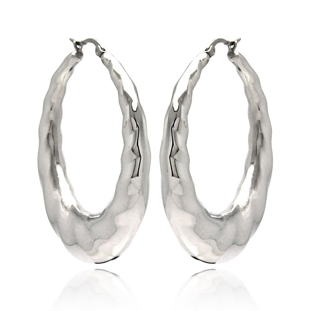 Rhodium Plated Stainless Steel Twisted Puffed Hoop Earrings - SSE00057