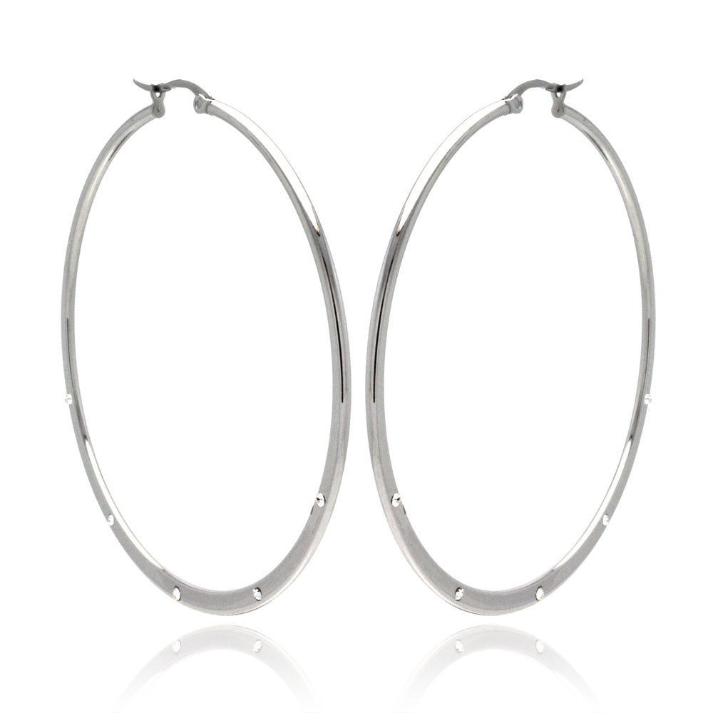 Rhodium Plated Stainless Steel 5 Cubic Zirconia Hoops Earrings - SSE00065