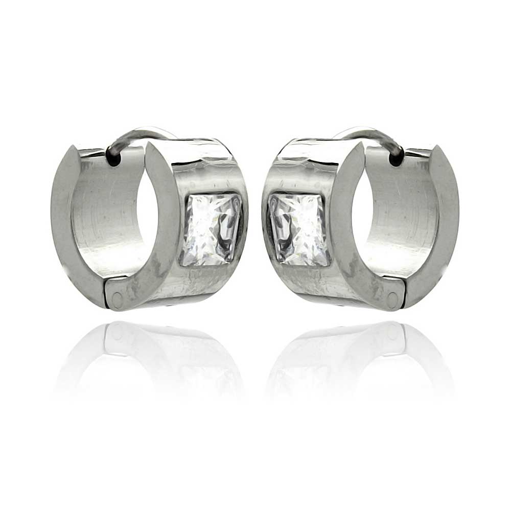 Rhodium Plated Stainless Steel Solitaire Cubic Zirconia Huggie Hoop Earrings - SSE00070