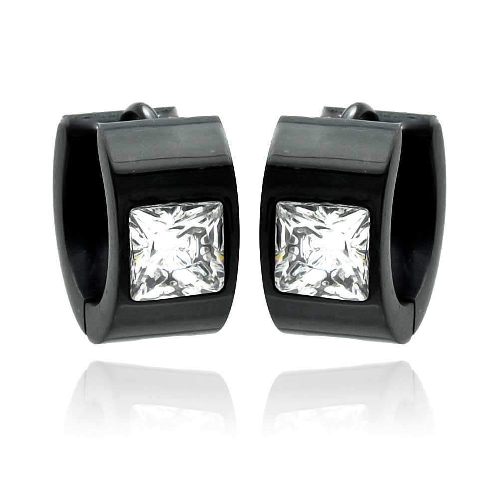Black Rhodium Plated Stainless Steel Square CZ Huggie Hoop Earrings - SSE00083