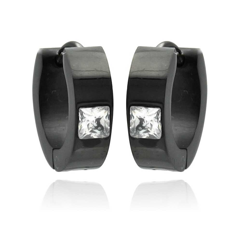 Black Rhodium Plated Stainless Steel Square CZ Huggie Hoop Earrings - SSE00084