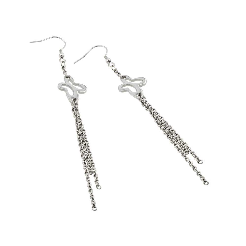 Rhodium Plated Stainless Steel Butterfly Chain Link Dangle Earrings - SSE00091