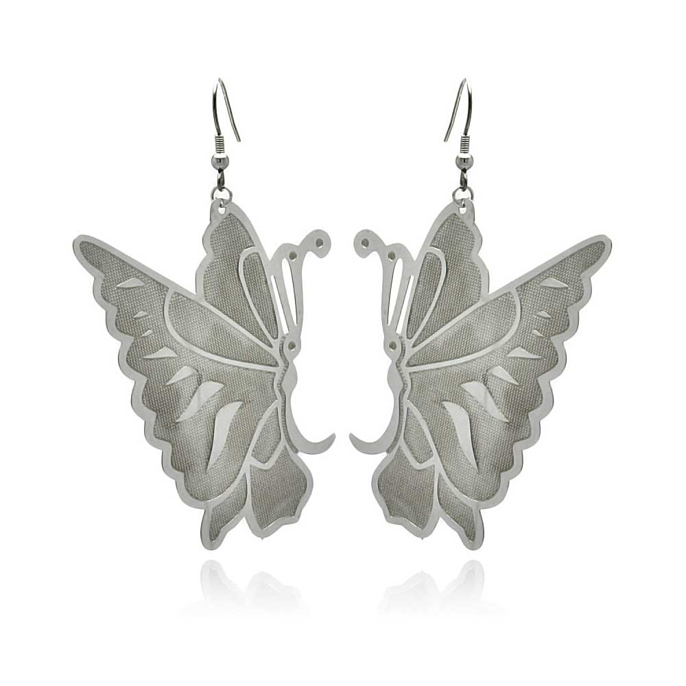 Rhodium Plated Stainless Steel Mesh Butterfly Dangle Earrings - SSE00094